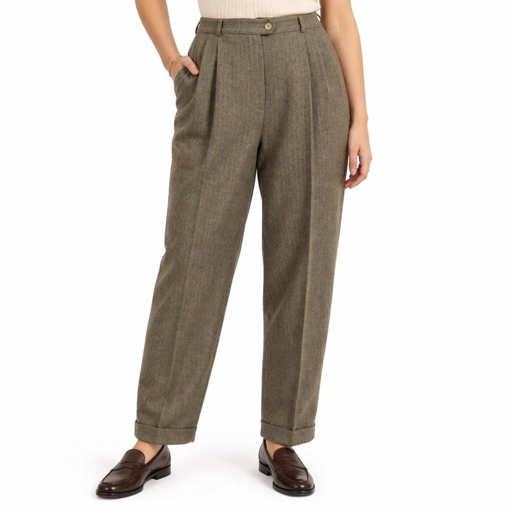 90s Vintage Ralph Lauren Herringbone Pants Womens 14 Pleated High Waist Wool